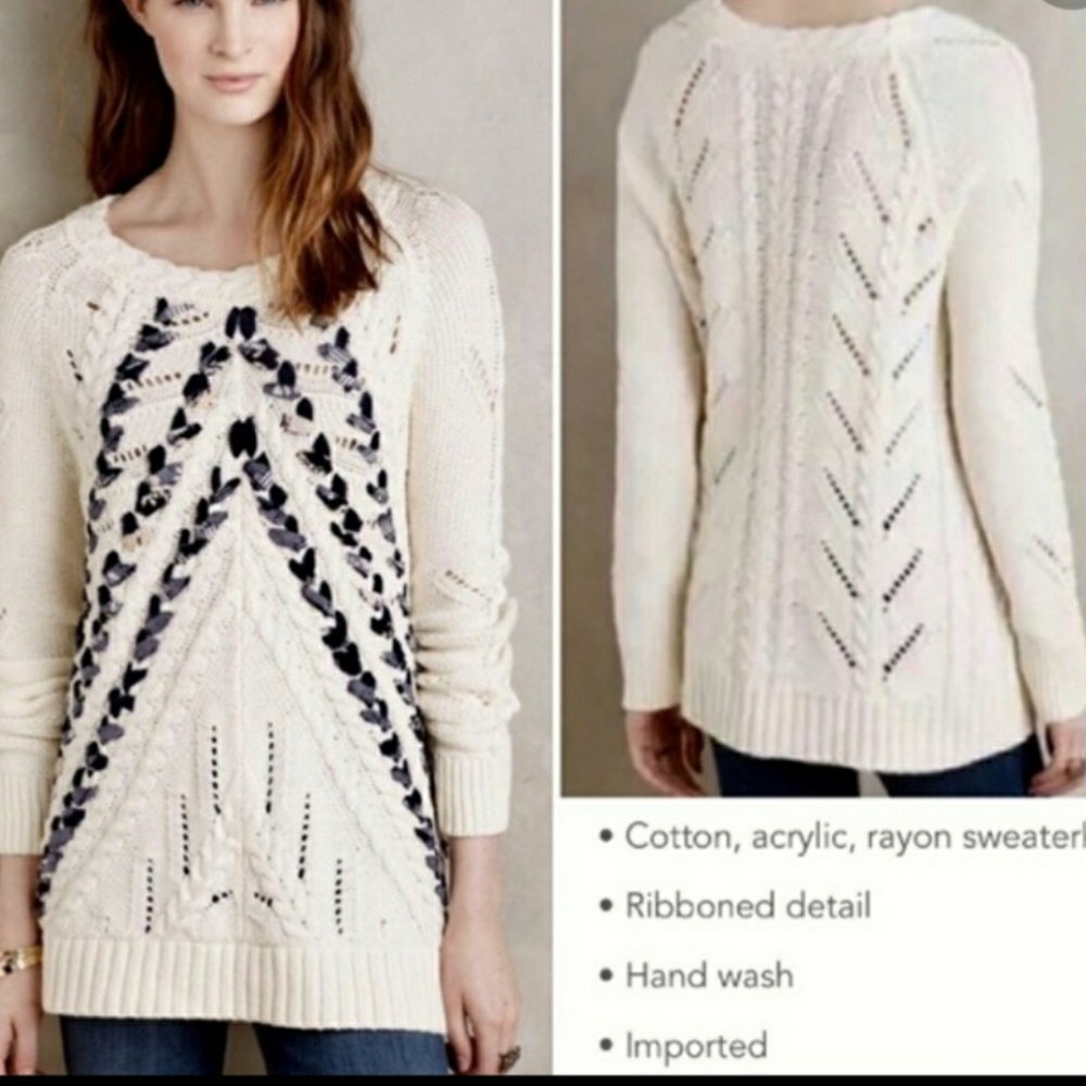 Anthropologie Knitted & Knotted Ribboned Cables Knit Sweater Size S
